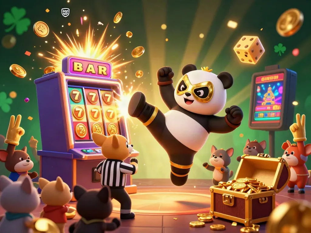 Experience the thrilling action of sun win as a panda wrestler and animal crowd celebrate a big casino win with jackpot visuals.