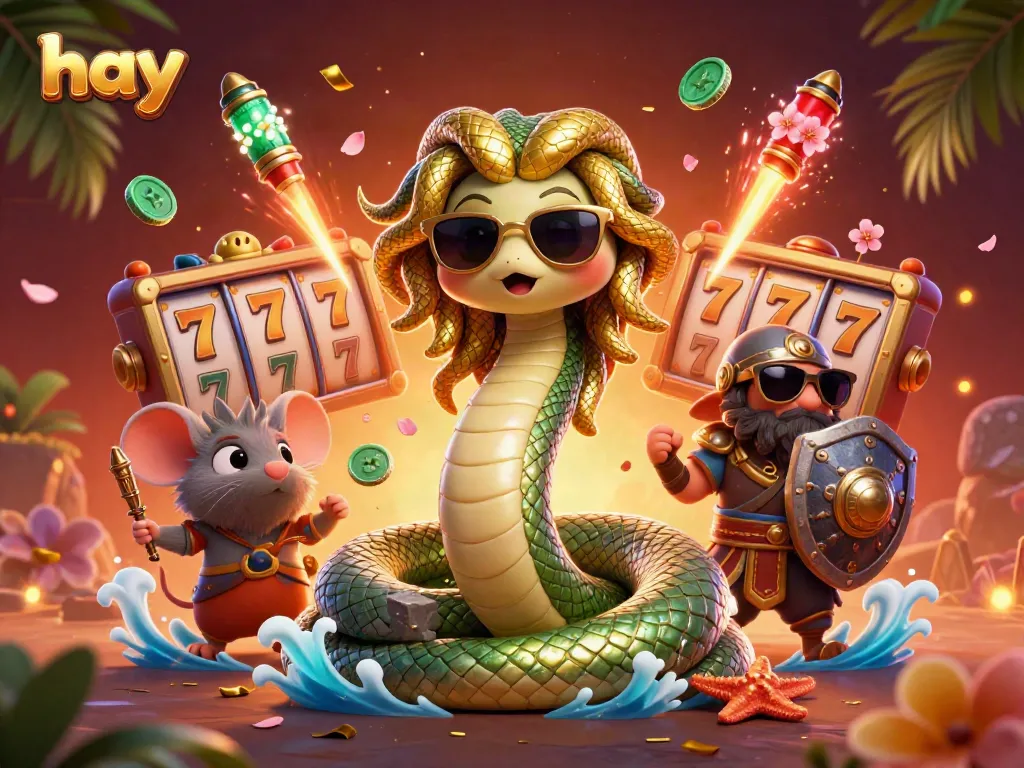 Engage with the lively scene at hay's online casino featuring Medusa, a warrior mouse, and slot reels.