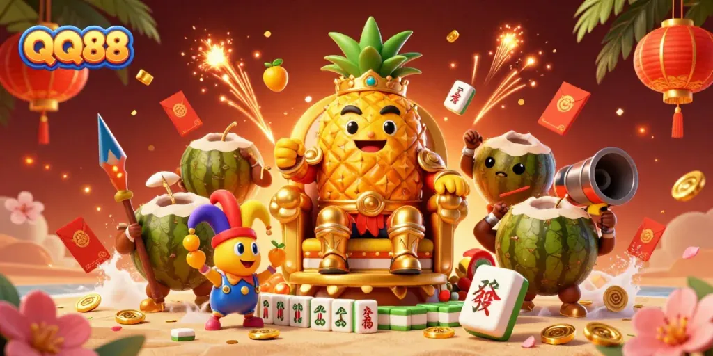 Experience exhilarating gameplay at QQ88 with our vibrant beach casino scene, featuring lively characters and lucky symbols.